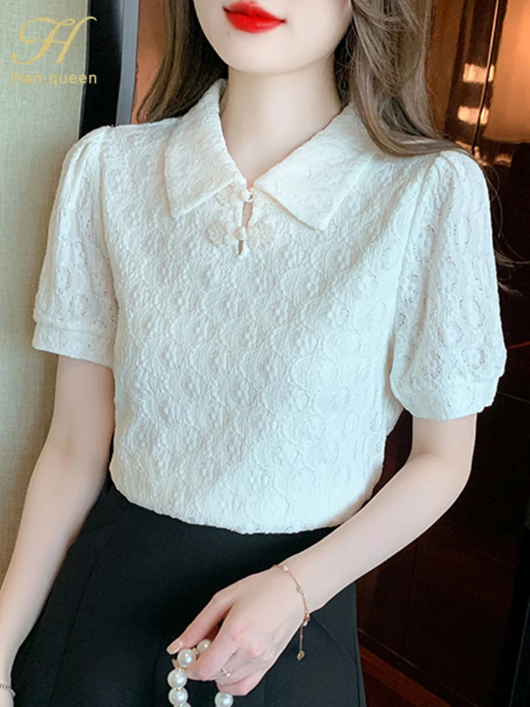 

Блузка женская шифоновая в винтажном стиле, повседневная элегантная простая Базовая Свободная рубашка для работы с коротким рукавом, H Han Queen, на лето