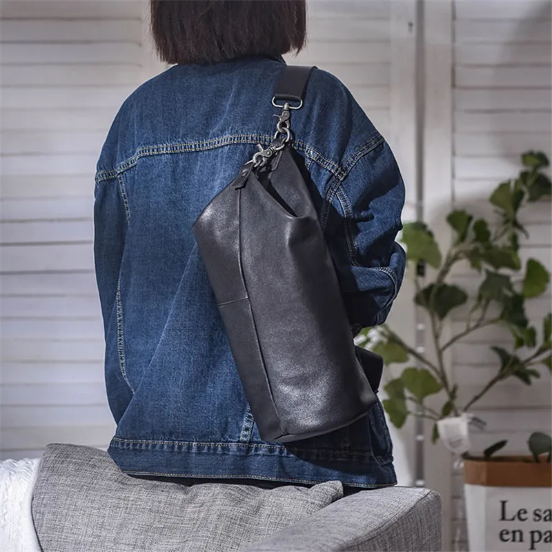 Simple casual designer top cowhide men's bucket bag for daily outdoor work travel large capacity genuine leather shoulder bag