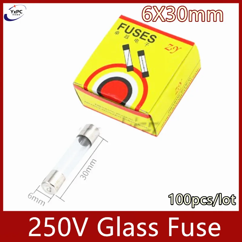 100pcs 6*30 250V Glass Fuse 6x30mm Household Fuses 0.1A 0.2A 0.5A 1A 2A 3A 4A 5A 8A 10A 15A 20A 25A 30A