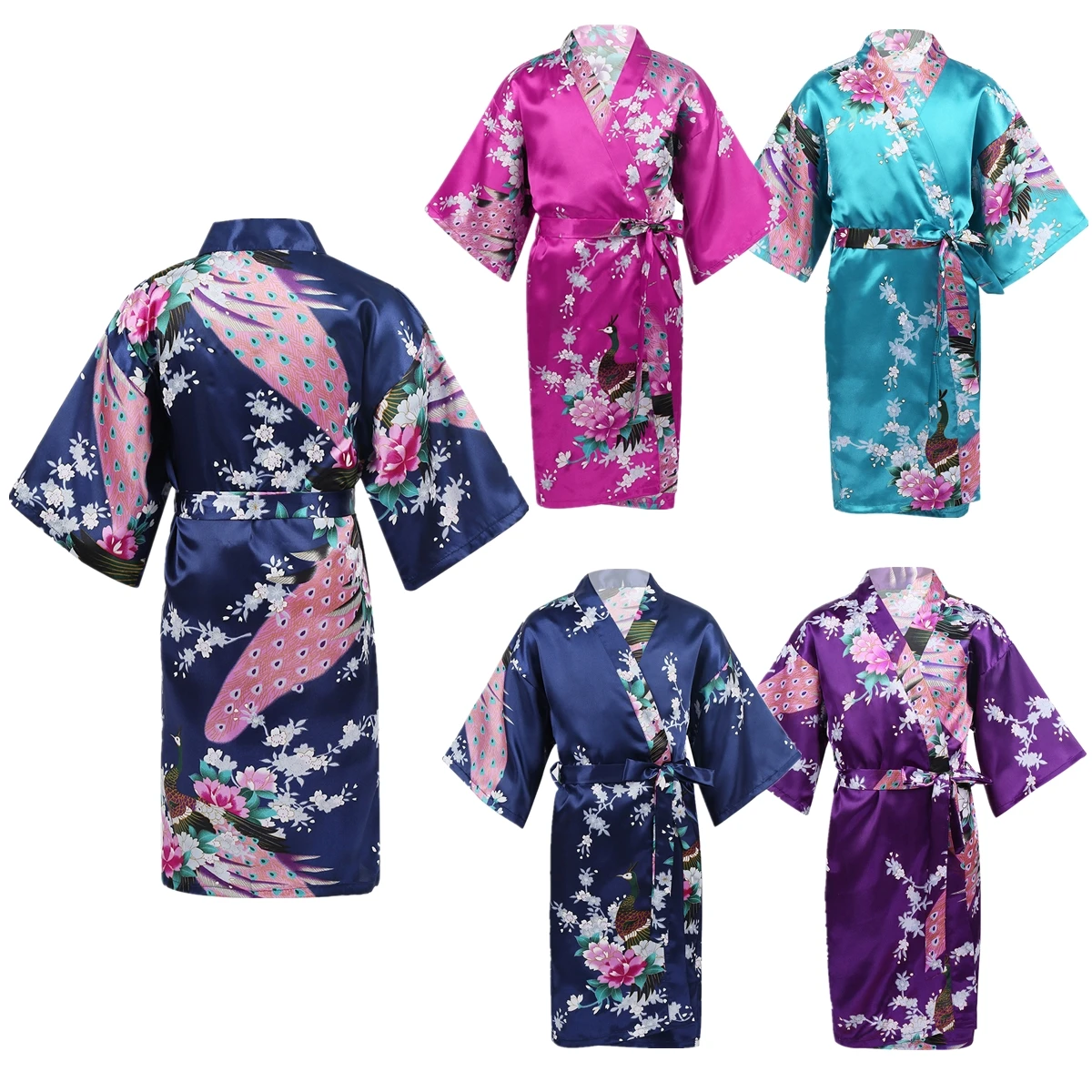 Satin Floral Kimono Robe Flower Kids Girls Wedding Bridesmaids Sleepover Nightgown Children Birthday Party Spa Bathrobe New