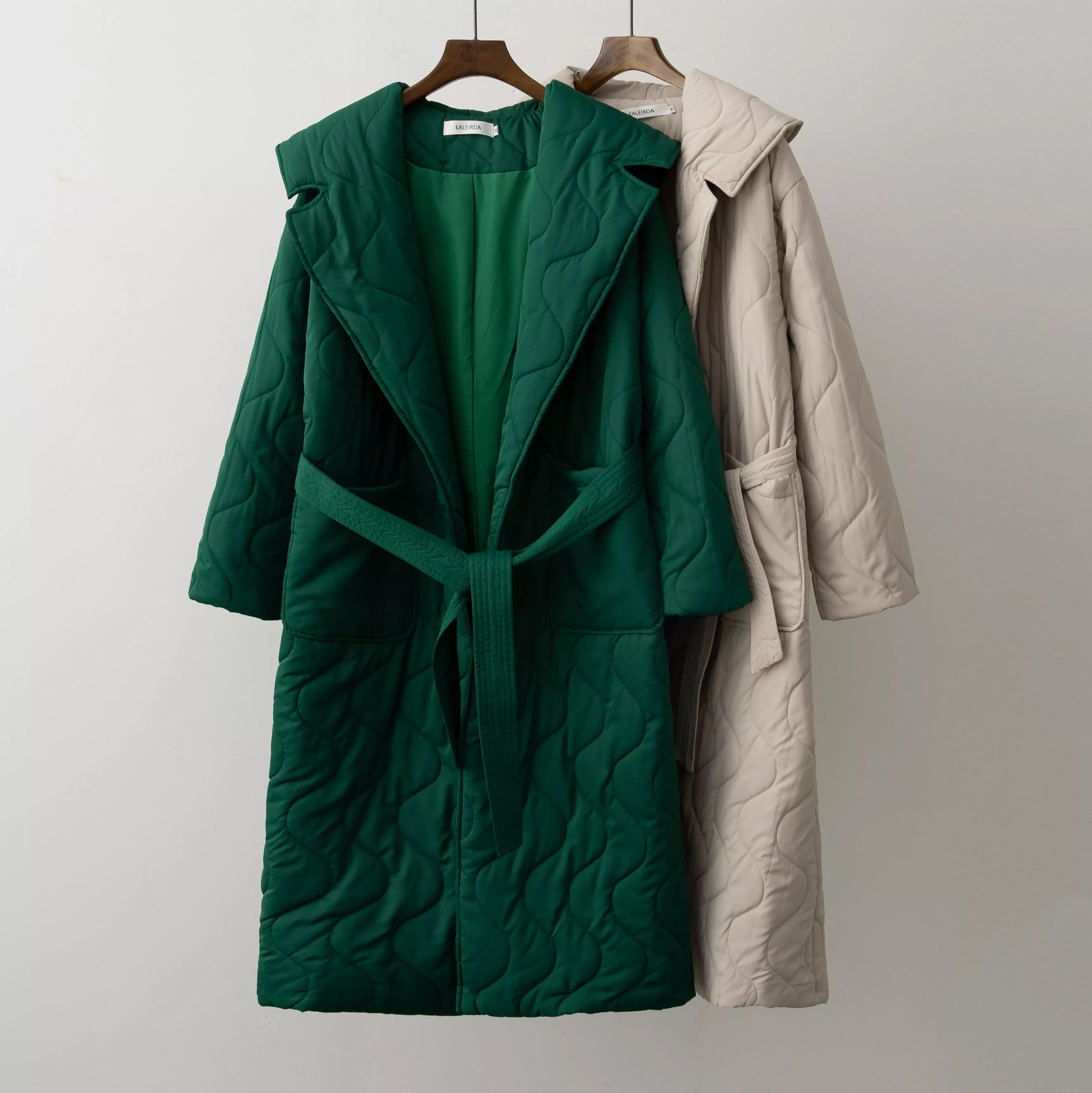 Winter coat rhombus pattern Casual sashes women parkas Deep pockets tailored collar stylish outerwear