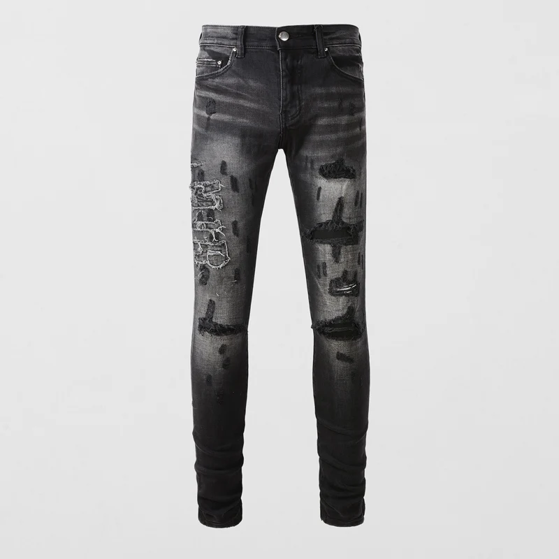 

American Street Fashion Men Jeans Retro Black Gray Stretch Slim Hole Ripped Jeans Men Brand Patch Designer Hip Hop Pants Hombre