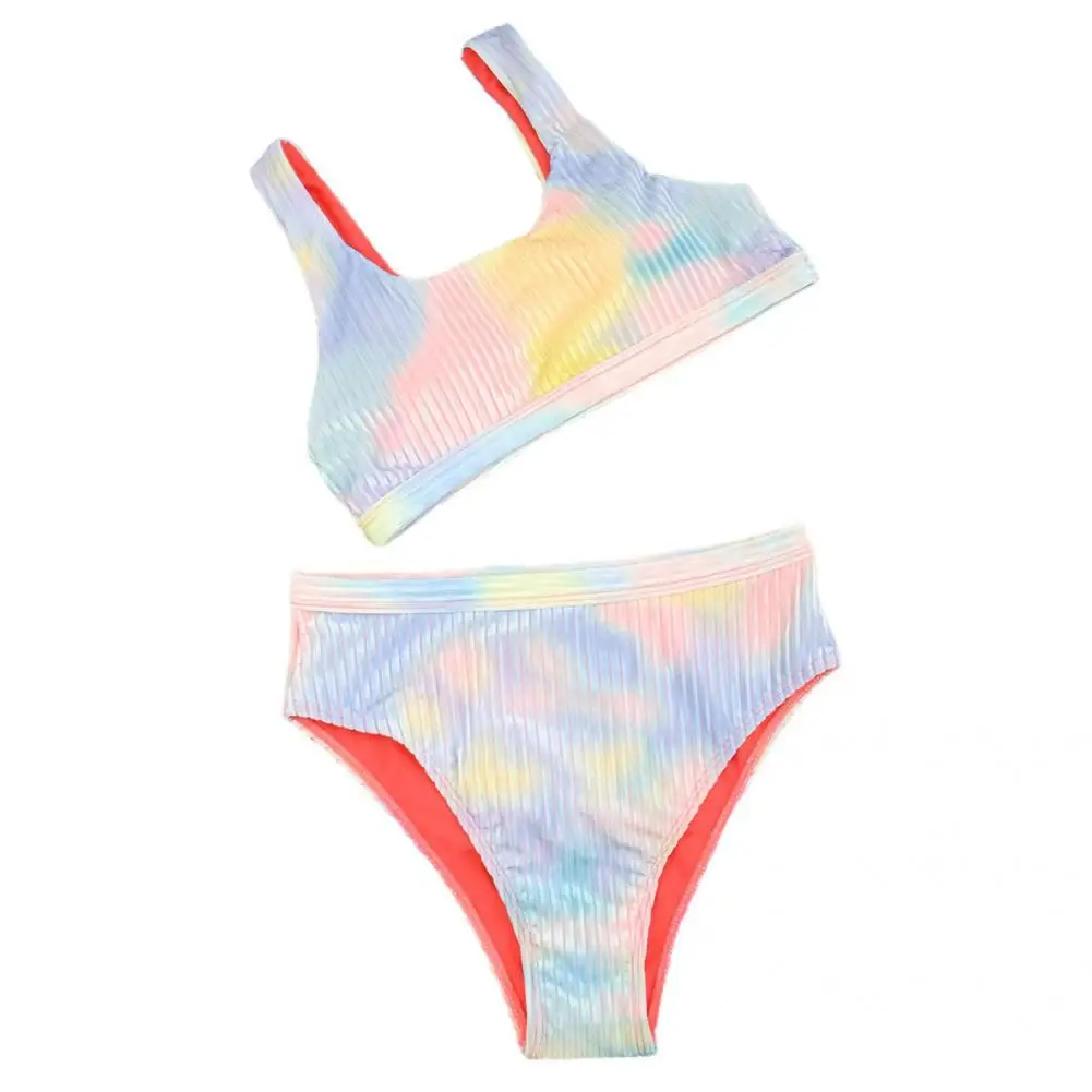 

2Pcs/Set Women Swimwear Stylish High Stretch Sleeveless Split Bikini Tie Dye Print High Waist Women Bikini