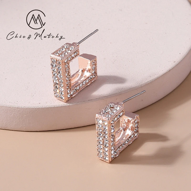 

Chic Matchy Square Rhodium Rose Gold Plated Color Stud Earrings Aretes De Mujer Full Crystal Stone for Women Daily Stud Earrings