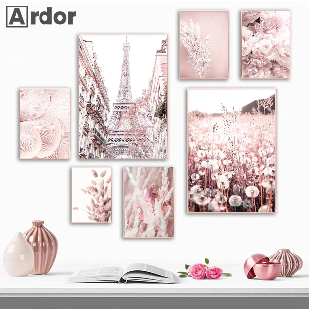 

Paris Tower Landscape Reed Dandelion Poster Print Pink Flower Plant Canvas Painting Nordic Posters Wall Art Pictures Home Decor