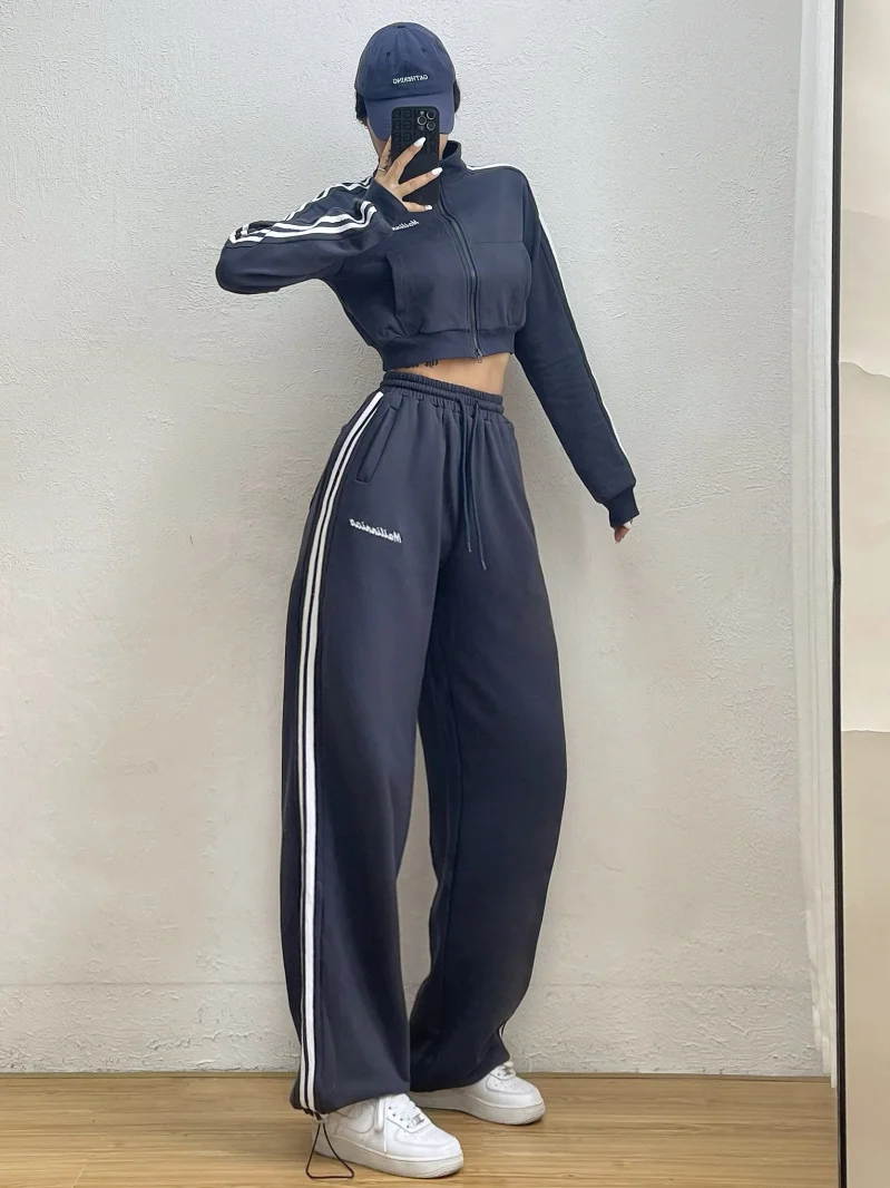 

Женский спортивный костюм на двойной молнии, короткий свитшот с воротником-стойкой и широкие брюки в полоску, корейский стиль, U8ZD