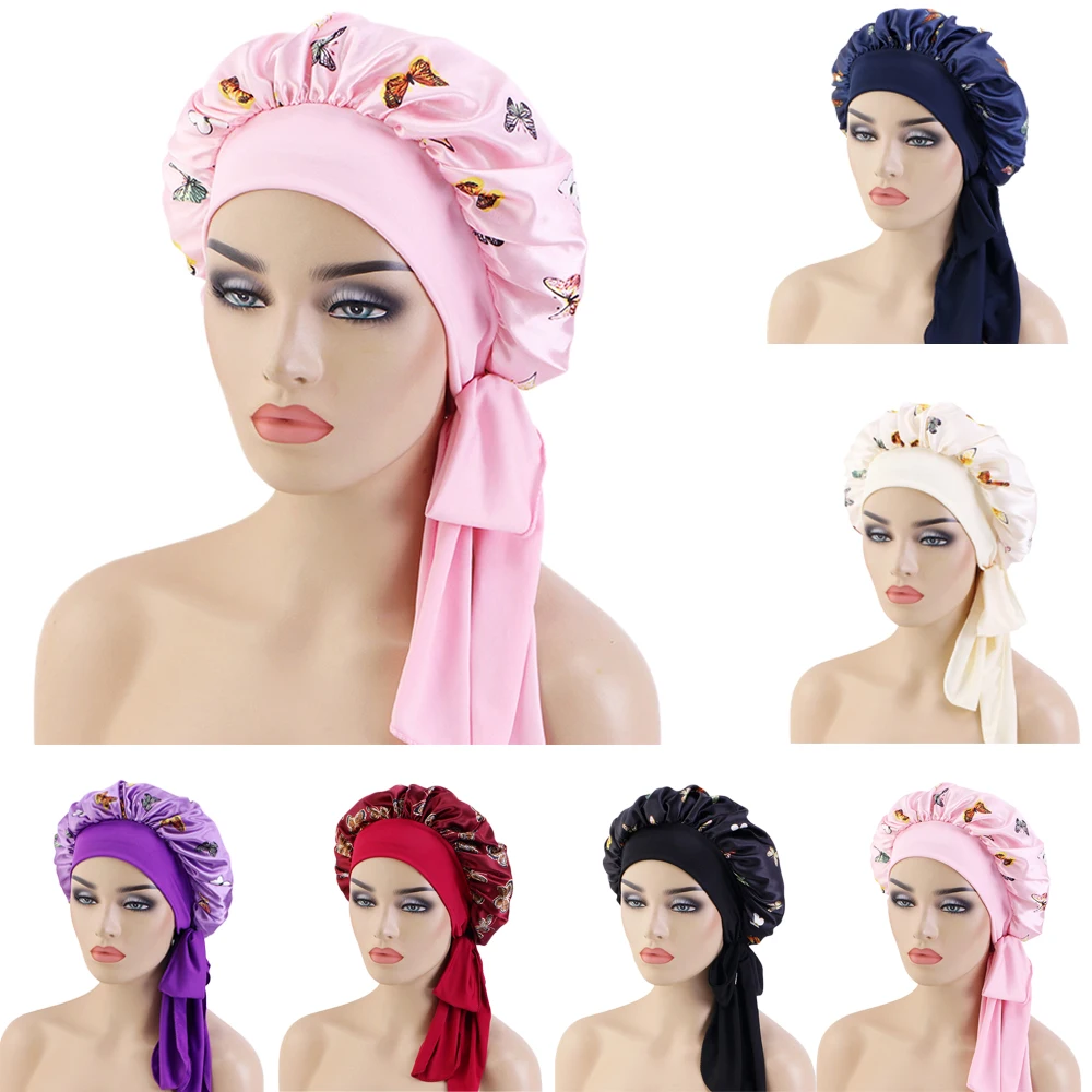 

Сверхбольшая атласная шляпа с принтом бабочки, женская кепка для ночного сна, регулируемая широкая женская шляпа для волос