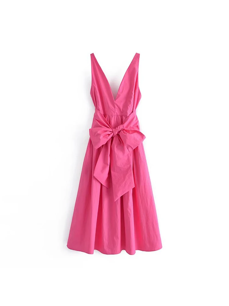 

2022 Summer Women Casual Tank Dress Solid Drawstring Bow Tie V-Neck Female Elegant Poplin Street A-Line Dresses Vestidos