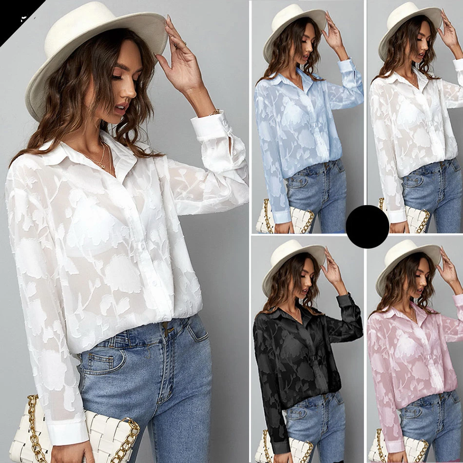

Summer Lace Shirts Long Sleeve Blouse Women 2022 Fashion Chiffon White Hollow Out Blouses Or Tops For Woman Ladies Top Femme