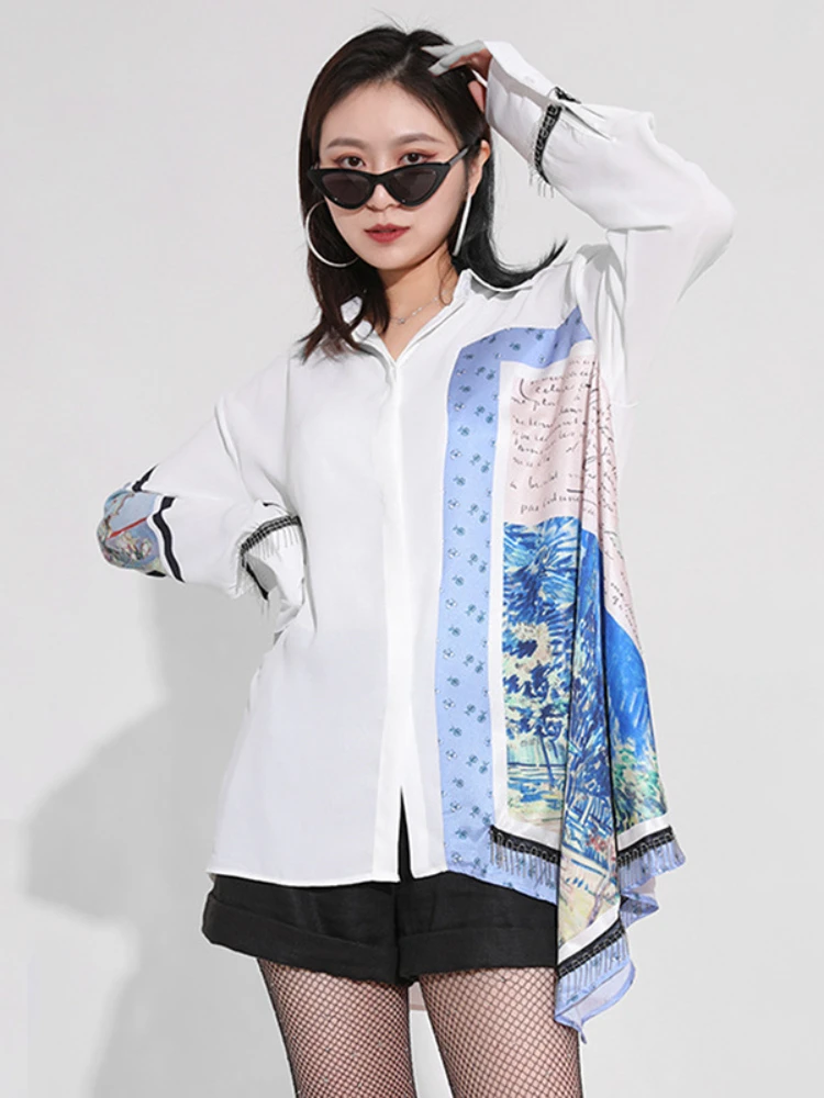 

White Shirt Spring Autumn Korean Fashion Blouse New Patchwork Printing Asymmetric Women's Long Sleeve Tops Loose Clothes Female