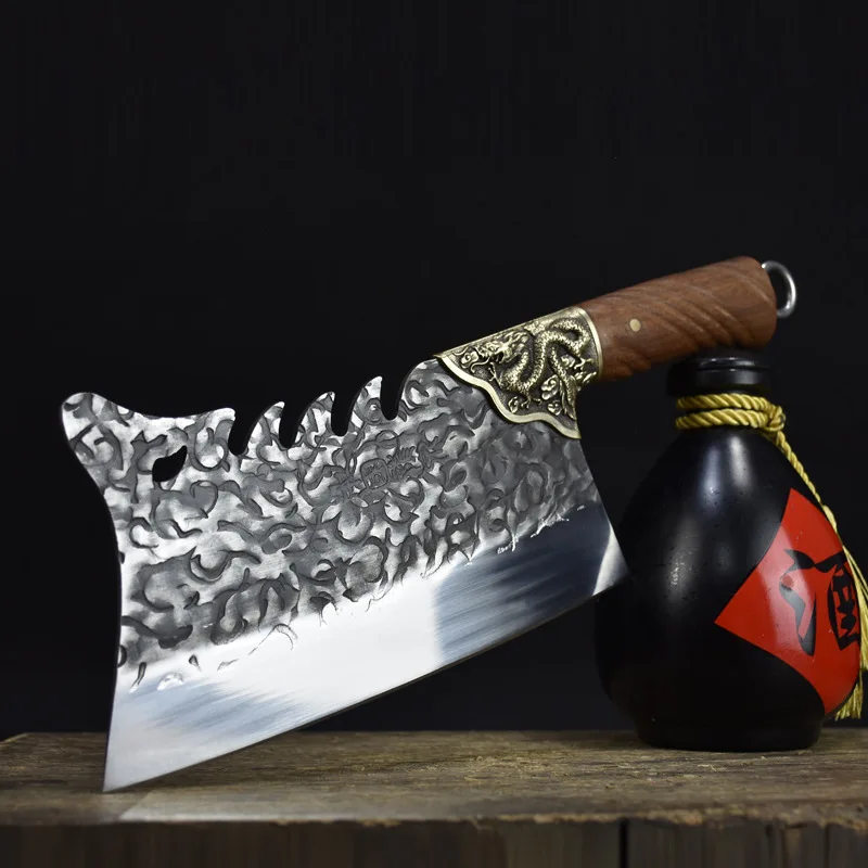 

9 Inch Hanamde Knives Copper Dragon Decor Forged Steel Sharp Cleaver Chopper Longquan Kitchen Knife Bone Meat And Poultry Tools