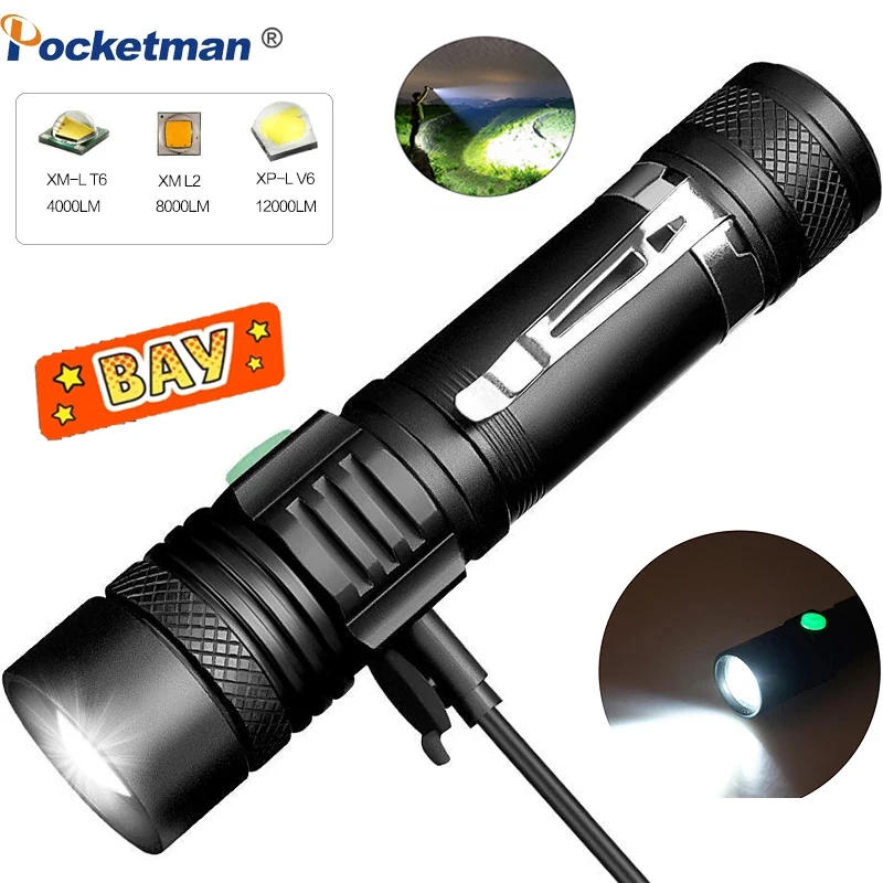 

Ultra Bright LED Flashlight USB linterna Led torch T6/L2/V6 lanterna Power Tips Bicycle Light Rechargeable Use 18650 Flashlight