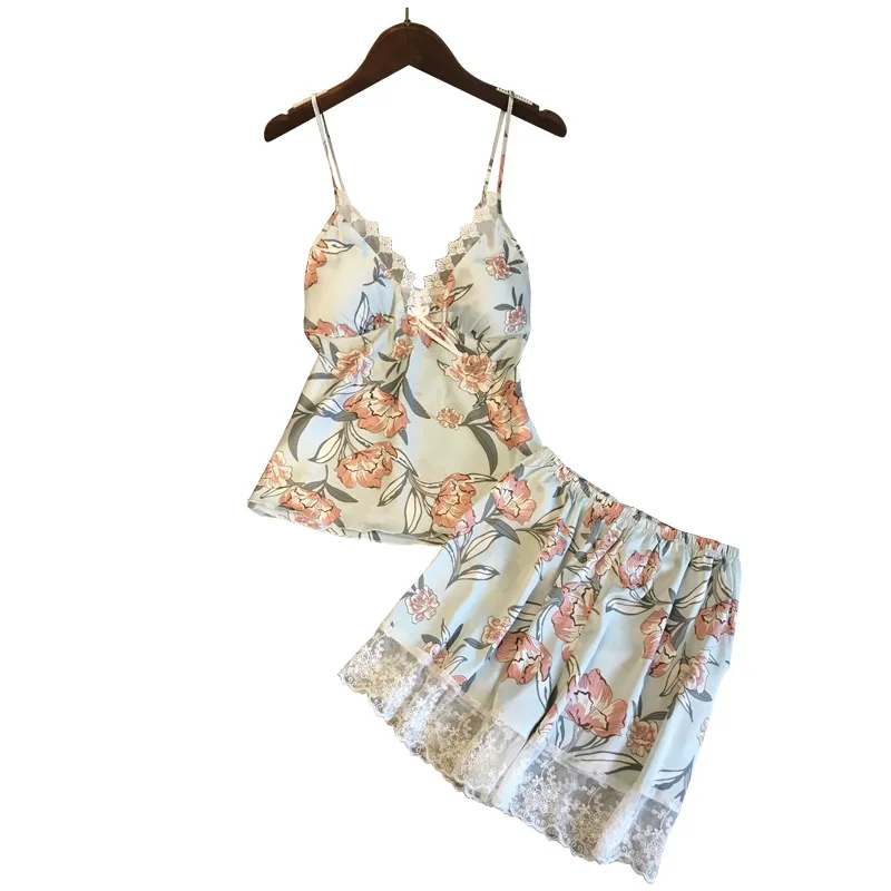 Women's Sleepwear 2 Pcs Sets Tops+Shorts Floral Printed Sexy Lace Satin Sleeveless V-neck Pyjama Sets With Pads