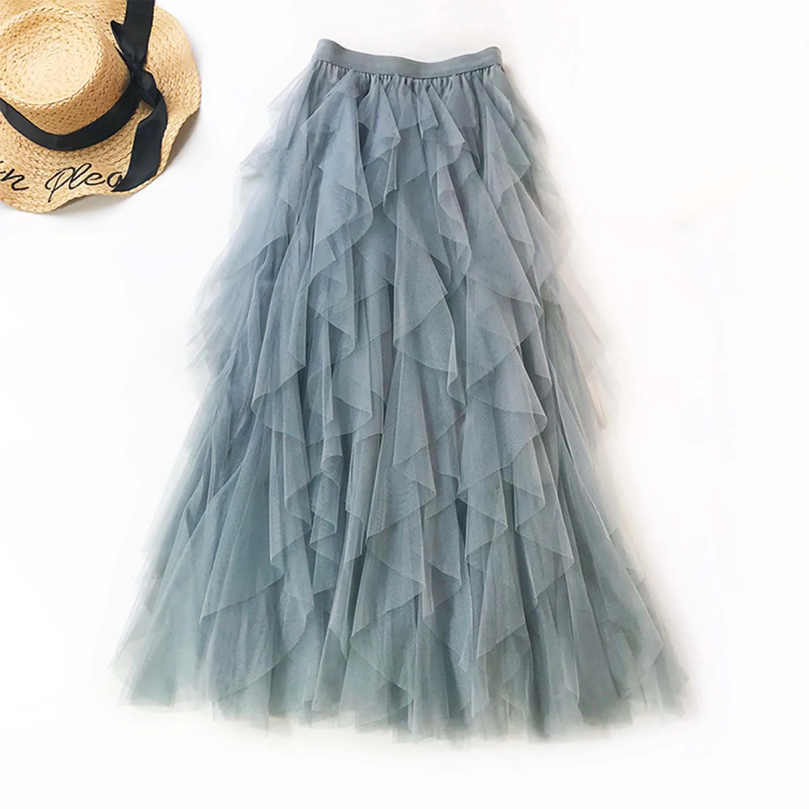 Женская сетчатая юбка летние модные однотонные длинные юбки с оборками по краям