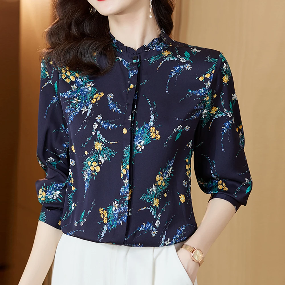 

Fashion Printing Women Blouses 2023 Causal Long Sleeve Silk Shirts For Women Elegant Casual Tops Blouses Mujer Blusas