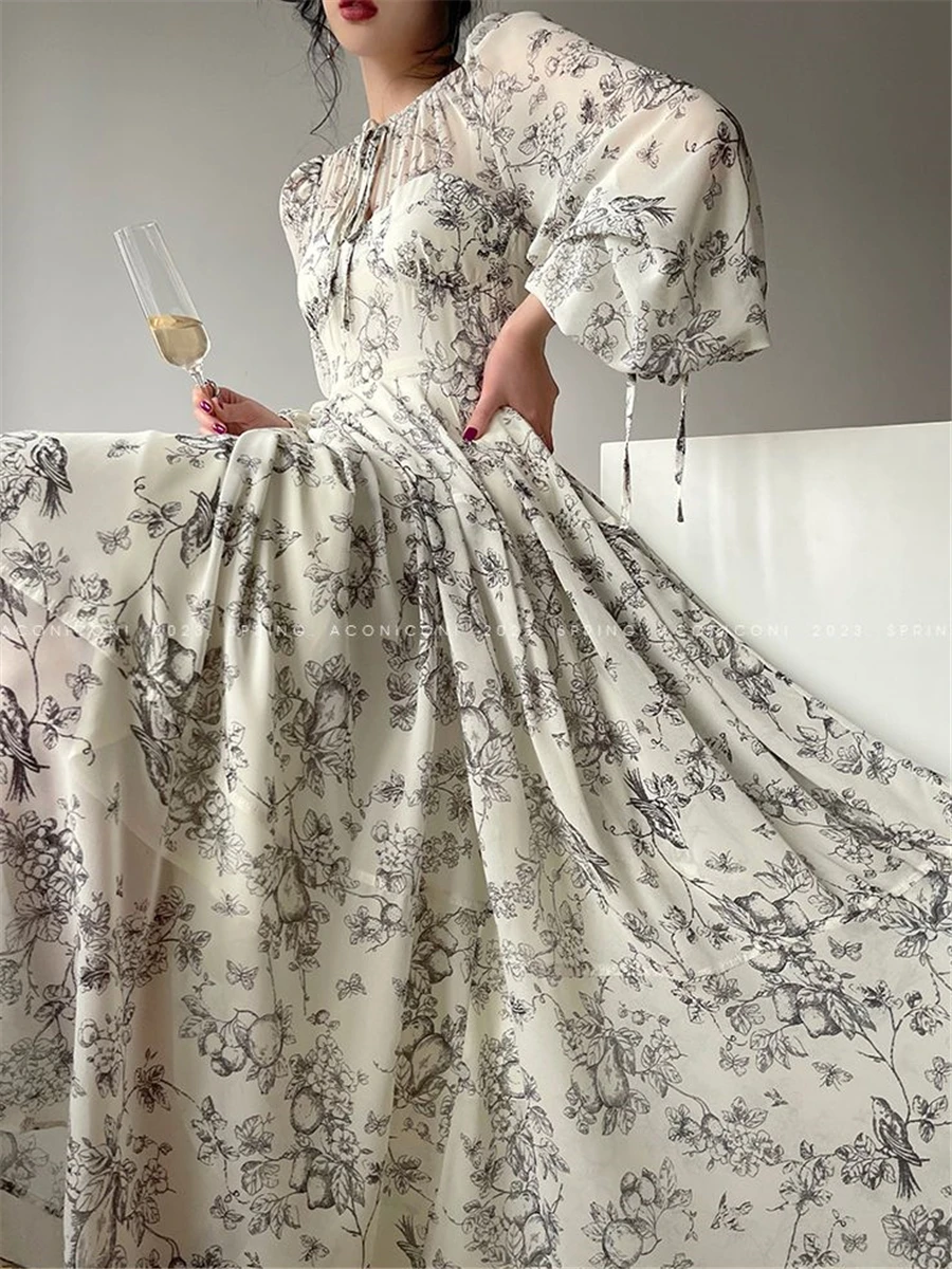 

Midi Print Dress Summer 2023 New Women Elegent Party Prom Female Fashion Retro French Spring Princess Fancy Clothes Vestidos