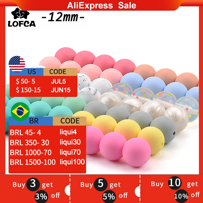 LOFCA 100Pcs/lot 12MM Round Shape Silicone Teething Beads Baby Teether For DIY Nursing Necklace Food Grade Chew Beads