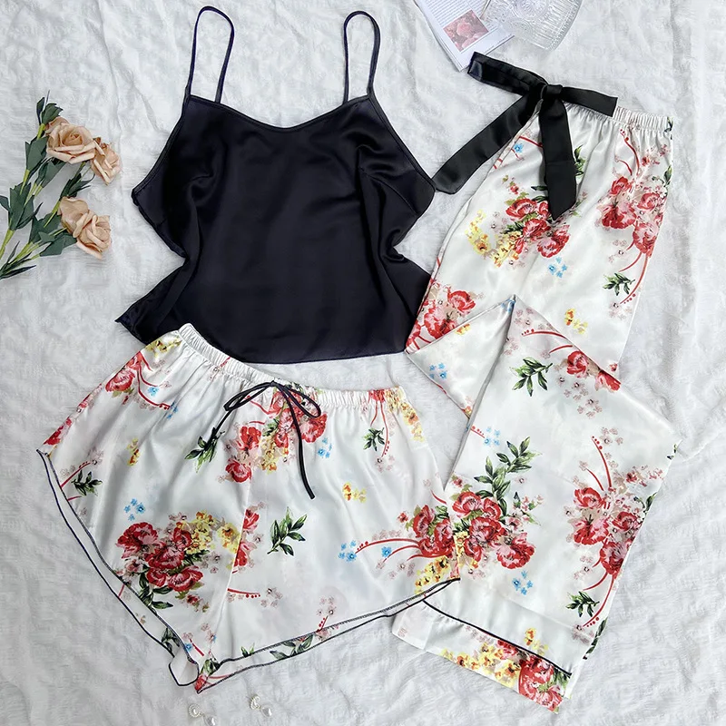 Комплект для сна женский атласный из 3 предметов топ на бретельках шорты и штаны с