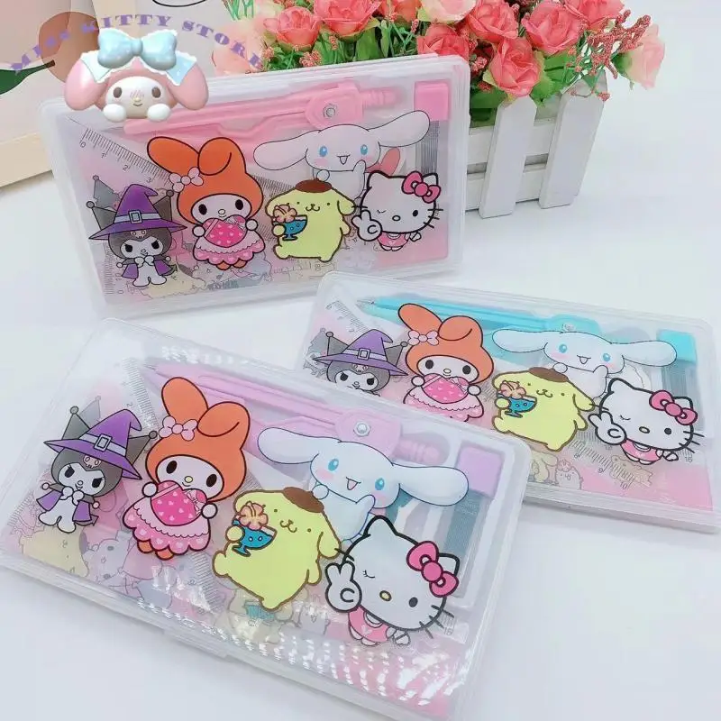 

Sanrio Kuromi Mymelody Hellokitty Cinnamoroll Cute Compasses Set 7-Piece Triangle Protractor Eraser Stationery Set for Pupils