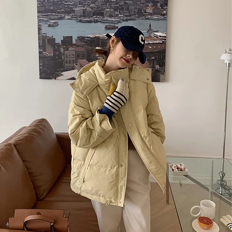 Solid Color Casual Hooded Down Jacket Women's 2022 Winter New Loose Small White Duck Down Jacket Thick Coat Regular With Zipper