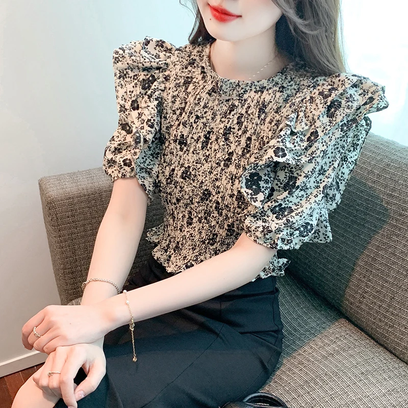 

Chiffon Women's Shirt Summer 2023 New Prints Blouses Ruffles Slim Casual Short Sleeve Top O-neck Ladies Clothing YCMYUNYAN