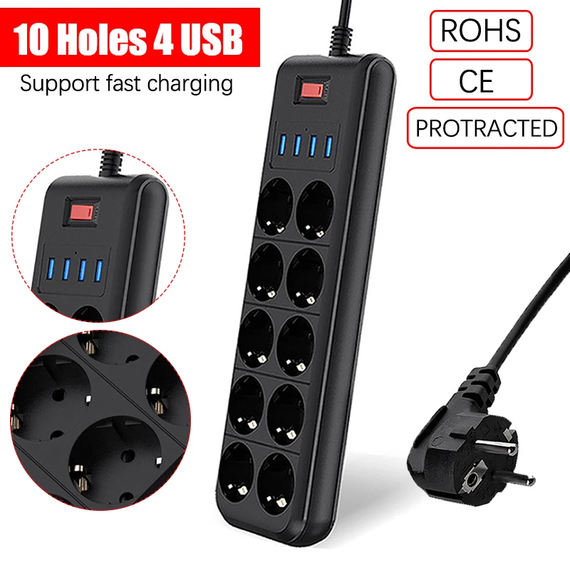 

Европейская розетка адаптер 10 розеток 4 USB розетки Многофункциональный Удлинительный кабель 2 м удлинитель многофункциональная розетка для быстрой зарядки
