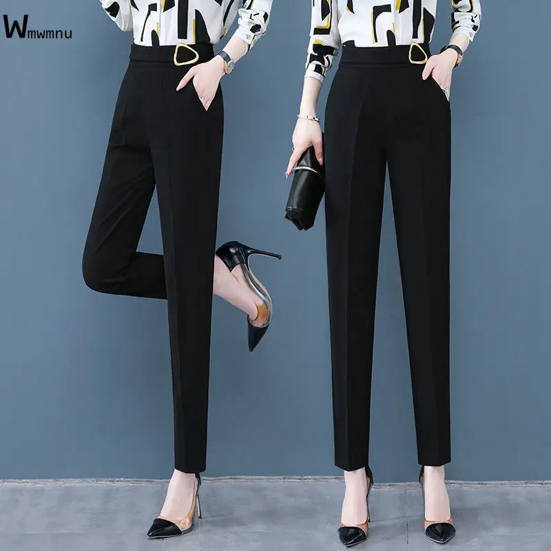 

Black Formal OL Work Loose Metal Button Suit Pants Solid OL Office Work Capris Pants Female Classic High Waist Harem Trousers