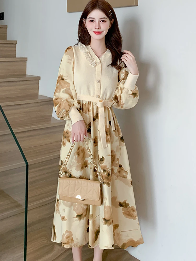 

2023 New Floral Patchwork Knitted Fake Two Piece Dress Women Chic Lace V-Neck Long Dress Autumn Winter Elegant Casual Prom Dress