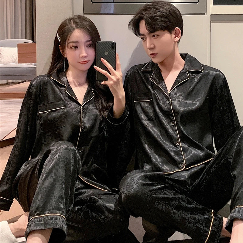 2023 Men and women pajamas when high quality light luxury silk long sleeve cardigan suit ShangBing silk couple household to take