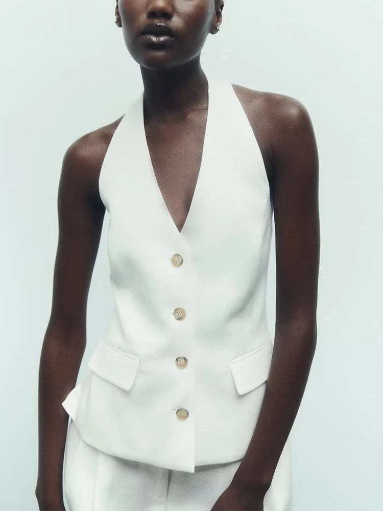 

TRAF Women Fashion Front Button Officewear Waistcoat Vintage V Neck Sleeveless Female Outerwear Chic Vest Tops