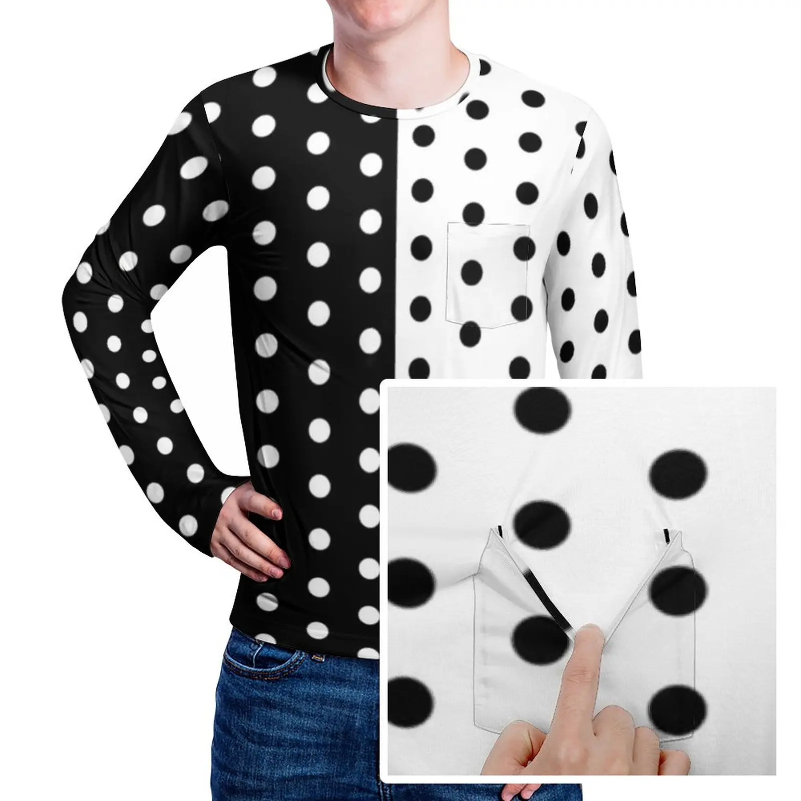 

RetroTwo Tone T-Shirt Black And White Spotted Hippie T-Shirts With Pocket Long Sleeve Design Tshirt Autumn Casual Oversized Tops
