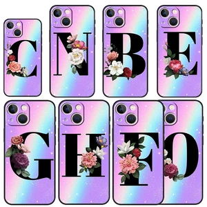 Case For iPhone 13 12 11 14 Pro Max XSMax XR X SE(2022) 7 8 6 6S Plus 13 12 Mini Coque Rainbow background floral letter design