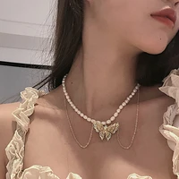 retro style three dimensional butterfly pendant necklace neck chain imitation pearl zircon tassel clavicle chain necklace choker