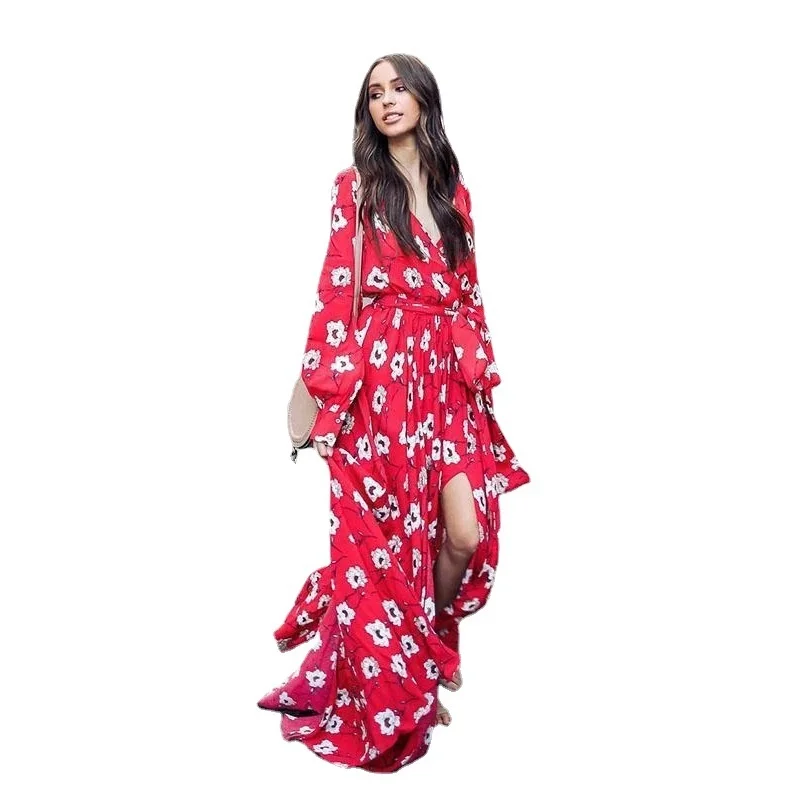 

2023Casual elegant comfortable slim dress, Spring/Summer New Long Skirt High Waist Long Sleeve Sling Dress Printed Large Swing E