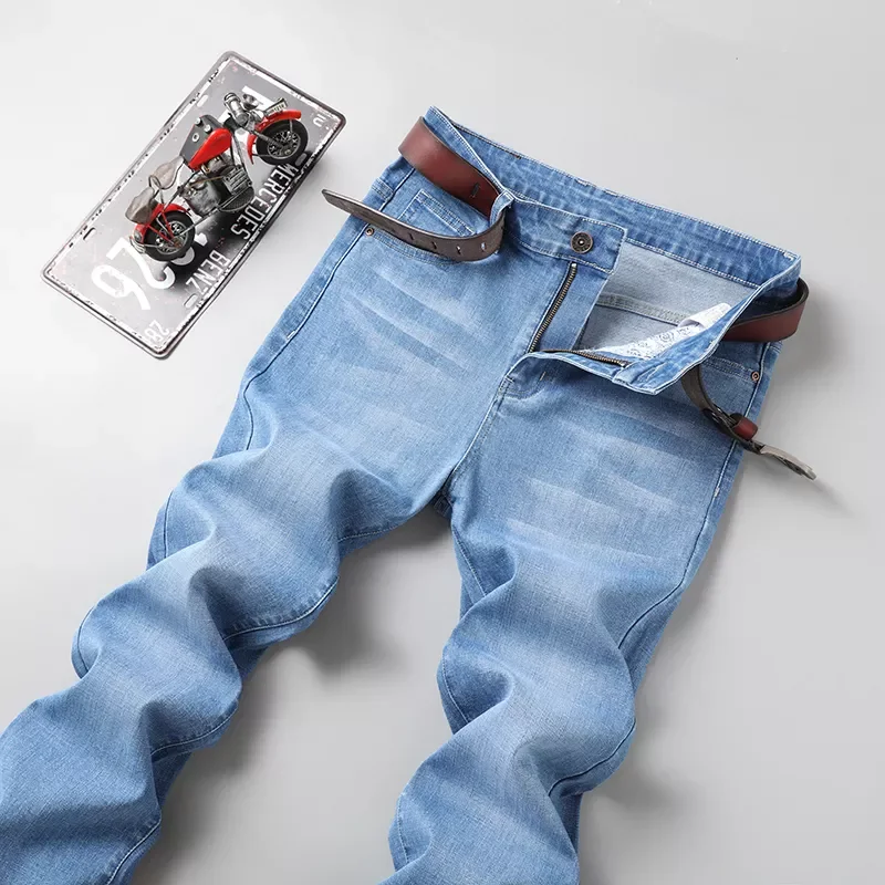 2023NEW Autumn Winter New Men's Light Blue Business Jeans Plus Size 42 44 46 Stretch Denim Straight-leg Pants Male Brand Tro