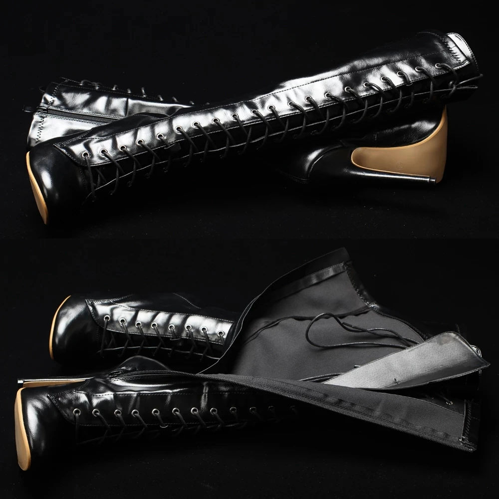 14CM High Heel Pointed toe Solid PU Leather Side Zip Women Fetish Cosplay Party Knee-high Boots