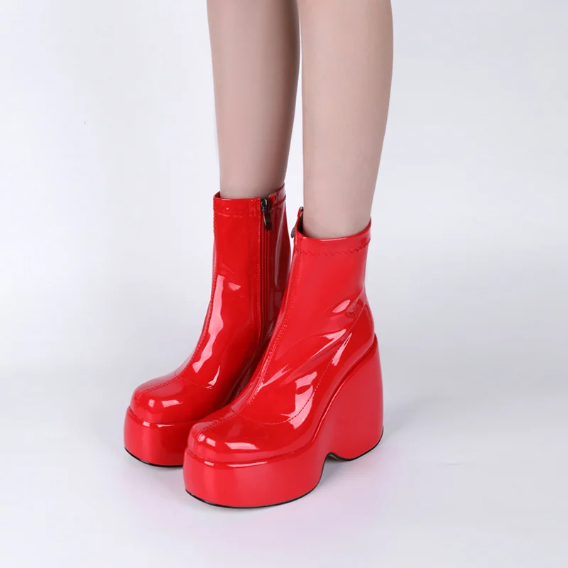 

Wedge Platform Glossy Patent Leather Women's Ankle Boots Zipper Shoes Boots Thick High Heels Women's Boots Party Sexy Block Heel