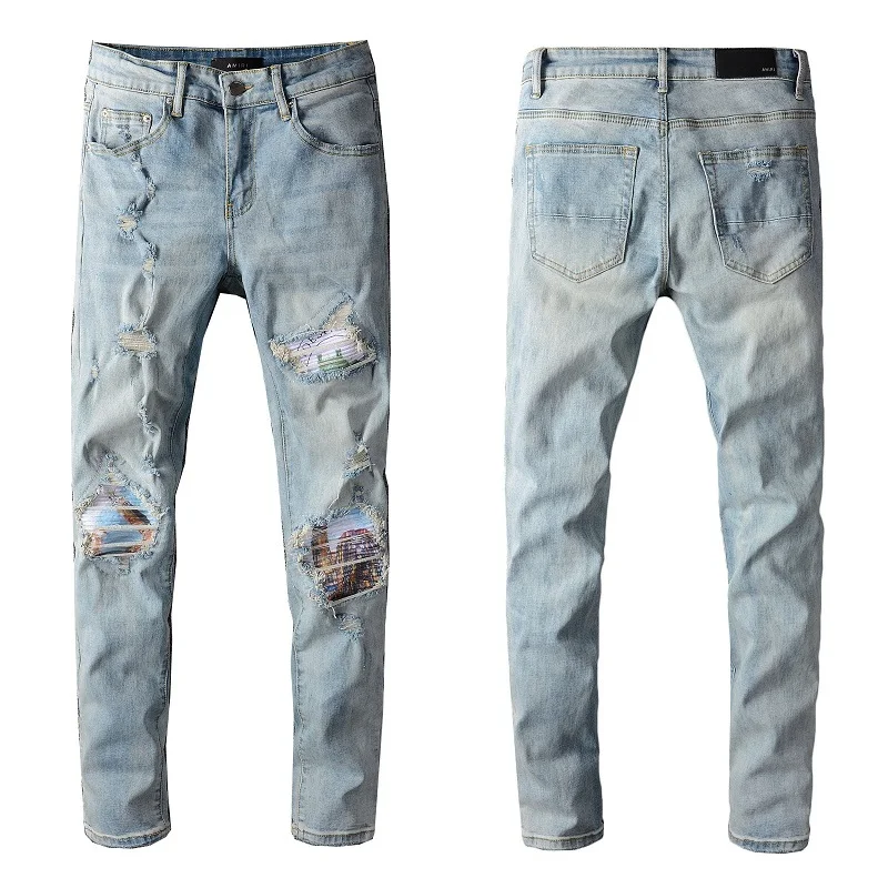 

Summer High Quality Homme Amir Cotton Biker Jeans Men Slim Stretch Jeans Denim Pants Hole Trousers Straight