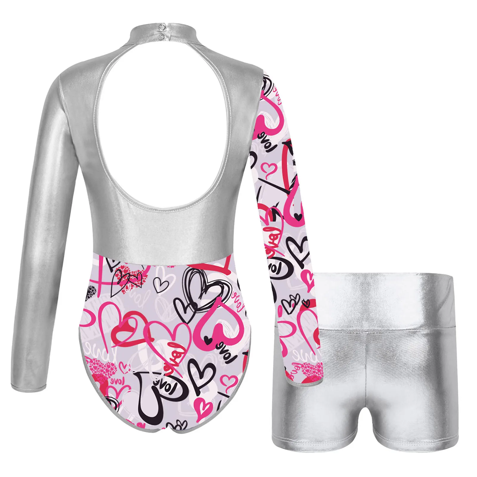 Kids Girls Ballet Leotard Gymnastics Dance Costumes Long Sleeve Printed Cutout Back Sports Yoga Ice Skating Bodysuit with Shorts