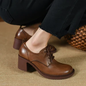 Thick Sqaure Heel  Round Toe Cowhide Loafers Lace-Up Spring Autum Ladies PumpsSimple Shoes Woman Retro French Style Women Pumps