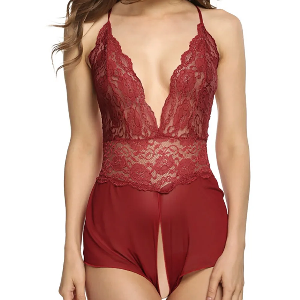 

Sexy Women'S Red Neck And Waist Up Jumpsuit Women Lace Sexy Hollow Passion Lingerie Deep V Halter Babydoll G-String Dress