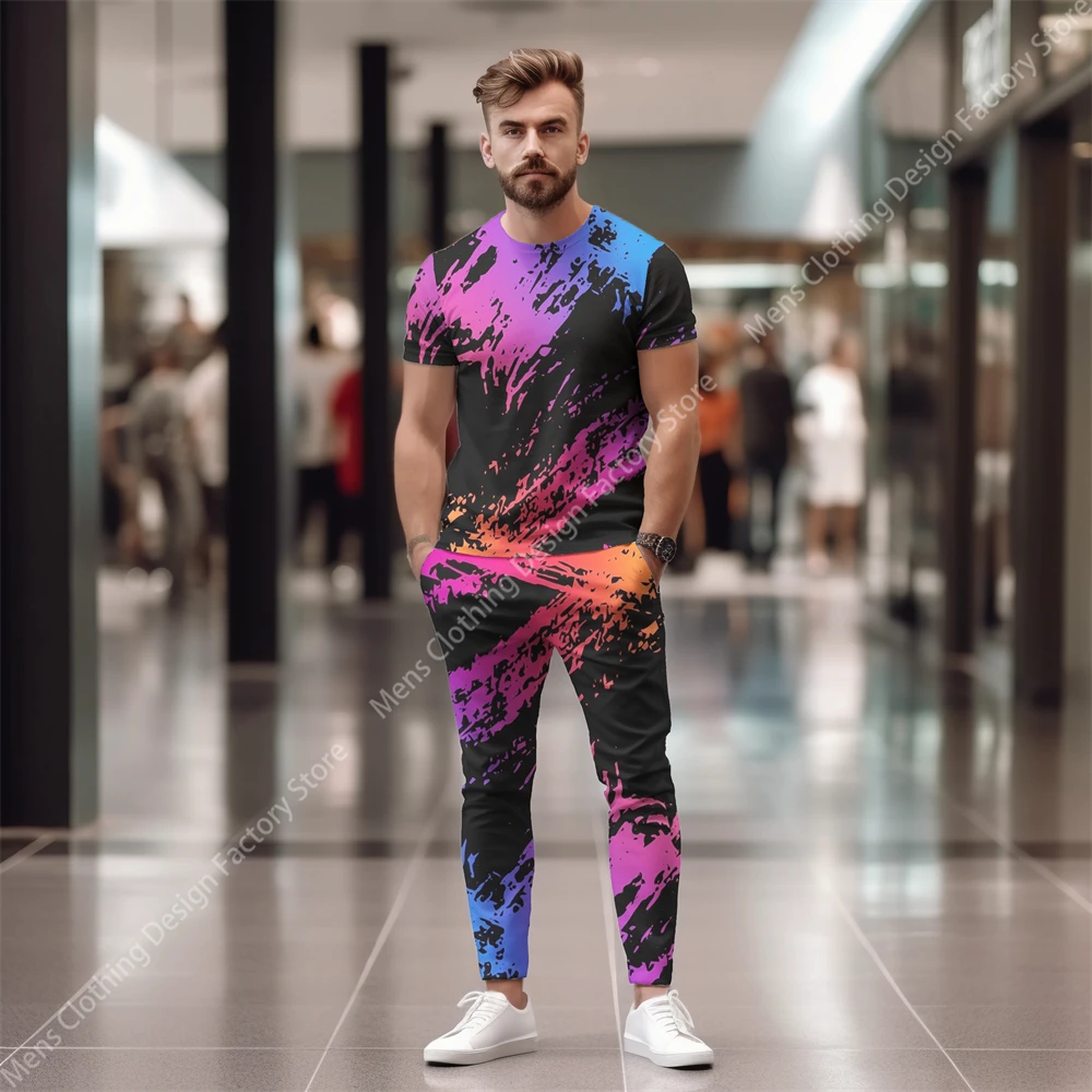 2023 New Men Short Sleeve T-Shirt+Pants Gradient 3D Print Two Piece Sets Tracksuit Men Fashion Casual Streetwear T Shirt For Men
