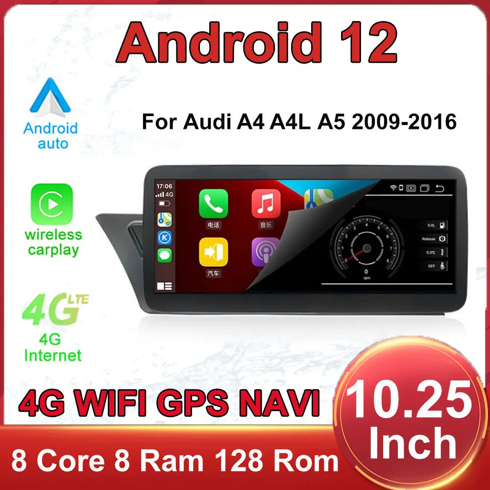 

10.25 Inch Android 12 Touch Screen For Audi A4 A4L A5 B8 2009-2016 Car Carplay Monitors Multimedia Audio Speacker Radio Player