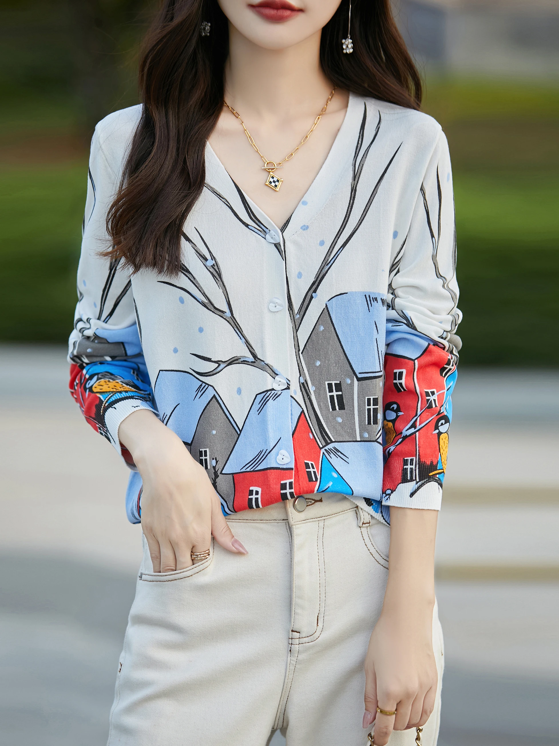 Женский трикотажный кардиган с длинным рукавом и V-образным вырезом