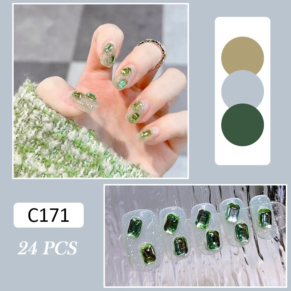 

Новинка 2022, 24 шт, блестящий прозрачный зеленый пресс на ногтях, милый носообразный полный Чехол, короткие ногти, искусственные ногти, маникю...