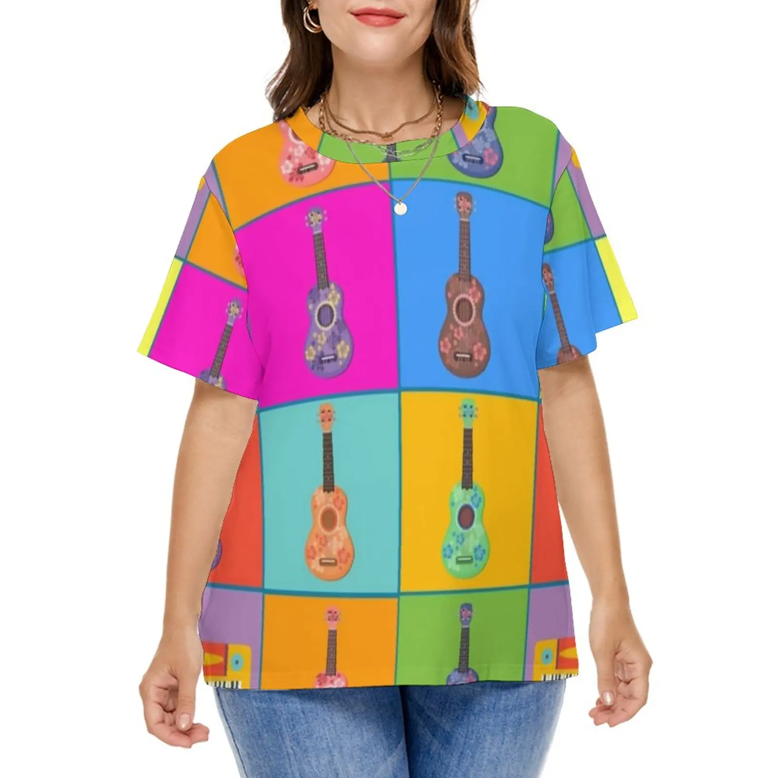 

Colorful Music T Shirt Pop Ukulele Art Hip Hop T Shirts Short Sleeve Casual Tshirt Beach Printed Clothes Plus Size 7XL 8XL