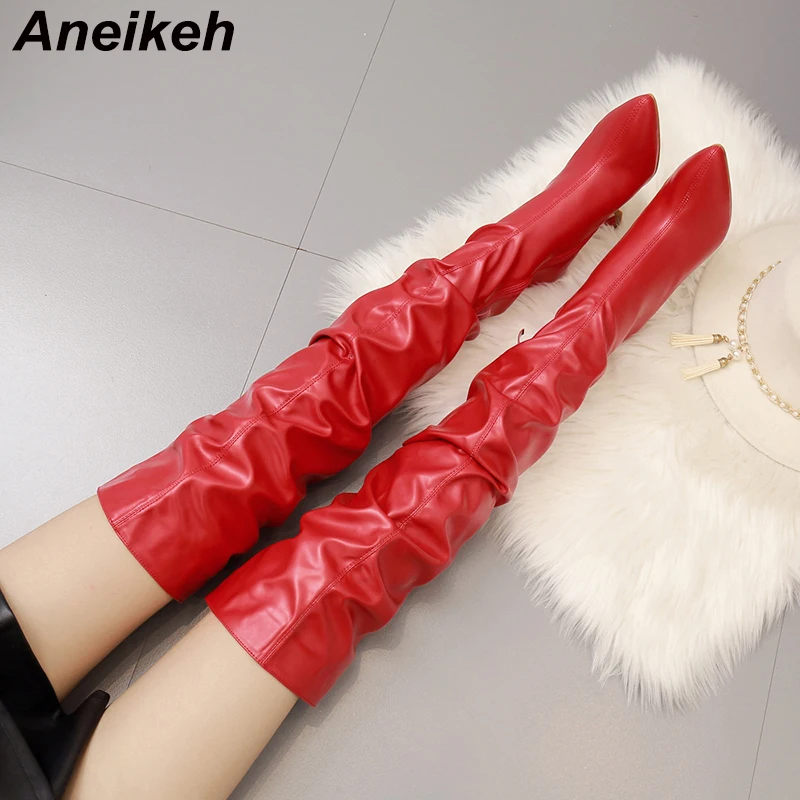

Aneikeh Women's Boots 2022 Autumn Winter Fashion Solid PU Rome Over The Knee Shoes Pointed Toe High Heel Side Zippers Size 35-42