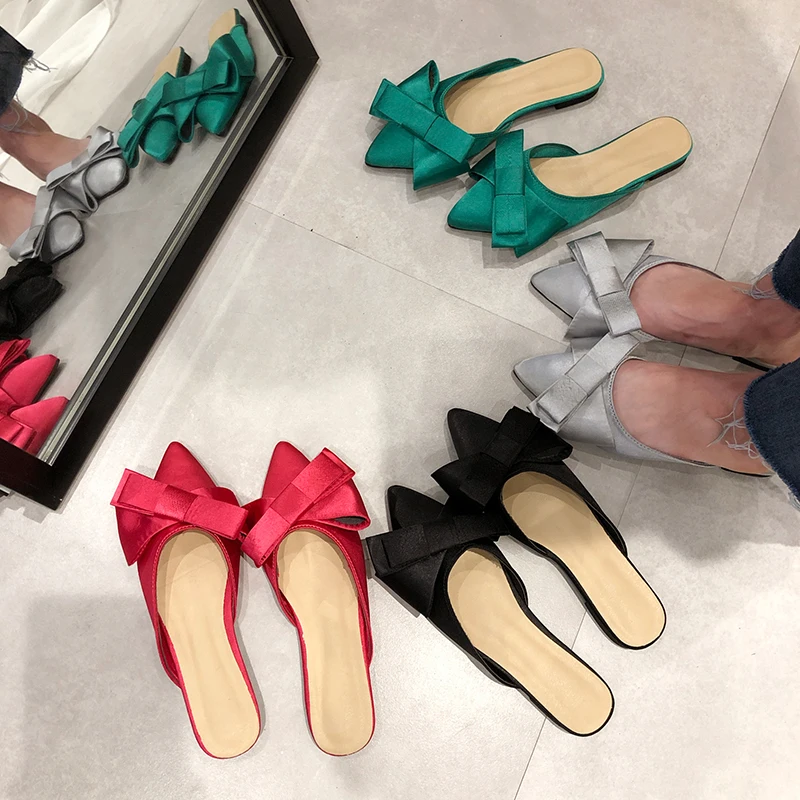 

Koovan Women's Slippers 2022 New Bow Pointed Half Slippers Women Wear Summer Fashion Silk Flat Bottom Sandals For Girls