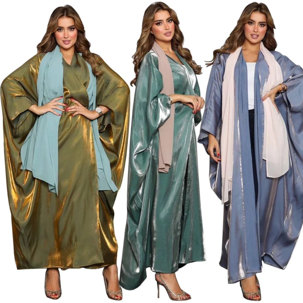 Middle East Modest Muslim Coat Fashion Bright Silk Satin Solid Bat Sleeve Robe Large Size Robes Streetwear Open Abaya Kimono