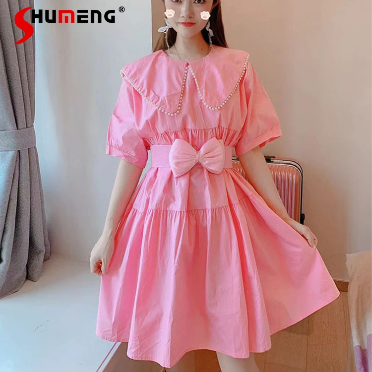 

2022 Summer New Women's Korean Style Sweet Beaded Doll Collar Above Knee Dress Ladies Fashion Fairy High Waist Slimming Dress
